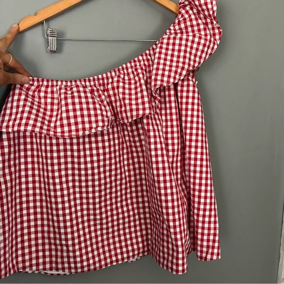 New England Classic Coastal Preppy Red Gingham Top One Shoulder Top Nantucket M - Picture 5 of 12
